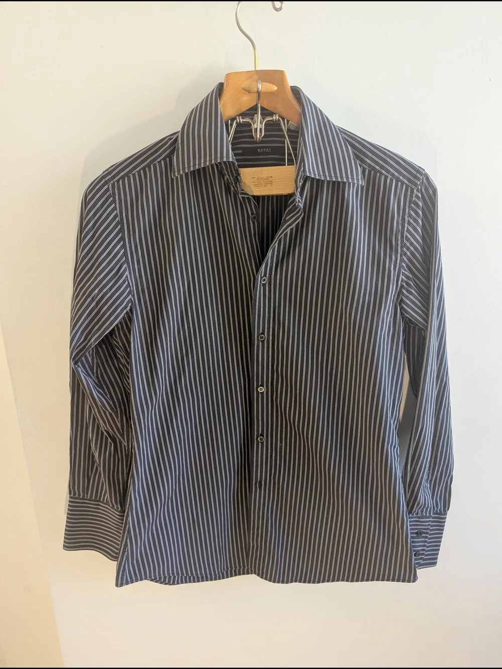 Gucci Men's Striped Dress Shirt Size 41 16 Charcoal Black White Made In Italy